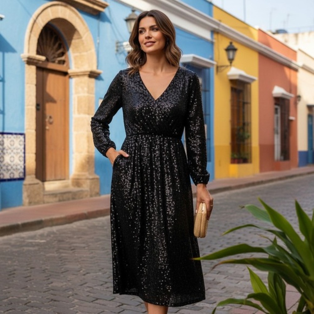 Betsey Johnson Black Sequin V Neck Long‎ Sleeve Midi Dress XS